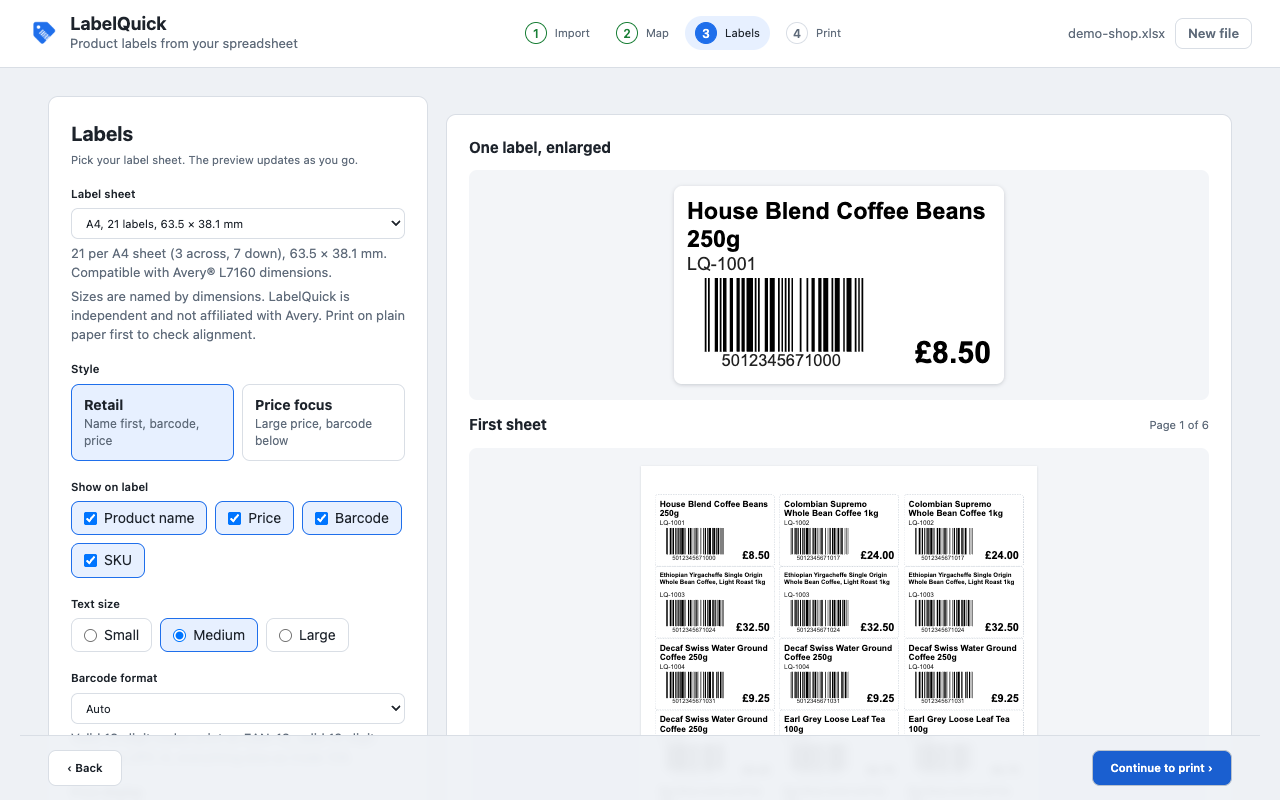 LabelQuick showing a label style and a preview of the first label sheet